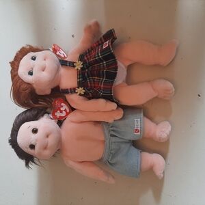 Vintage Ty Beanie Kid Tumbles & Ginger Plush Doll Set with Red and Blue Outfits